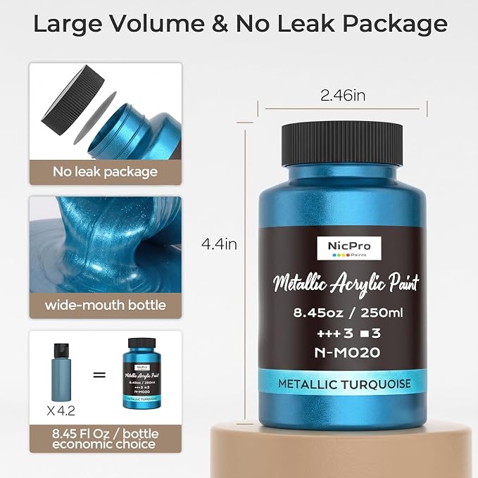 Nicpro Metallic Turquoise Acrylic Paint, 8.45oz/250ml Blue Craft Paint | Large - Image 3