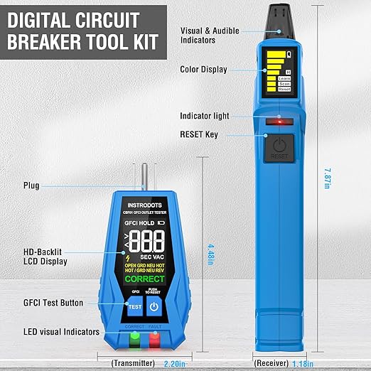 Circuit Breaker Finder Tool with Accessories, 90-135V AC Digital Breaker Finder with Integrated GFCI Outlet Tester, Circuit Tracer with Buzzer Alarm & Color Display, Includes Carrying Case
