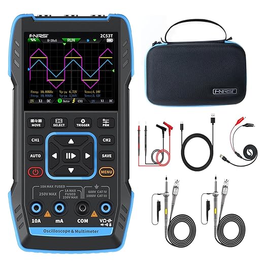 【FNRSI Newest Upgraded 2C53T with 2 P6100 Probe】 3In1 Oscilloscope/Multimeter/DDS Signal Generator 50MHz Bandwidth 250MS Sampling Rate 20000 Count RMS for Voltage, Current, Capacitor, Resistor, Diode