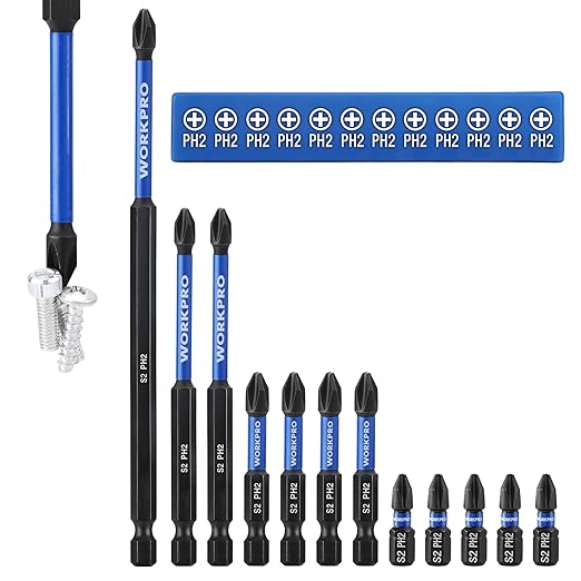 WORKPRO 12pcs PH2 Impact Phillips Screwdriver Bit Set, S2 Professional CNC Anti-Slip Magnetism Bits, 1/4" Hex-Shank #2 Phillips Impact Driver Bits, 1-6" Long Impact Screwdriving Bits with Holder