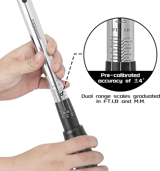 1/2-Inch Drive Click Torque Wrench Set, 10-160 FT-LB/13.6-217Nm, Dual-Direction Adjustable 72-Tooth Torque Wrench Kit with Extension Bar, Socket Set-8PCS Black