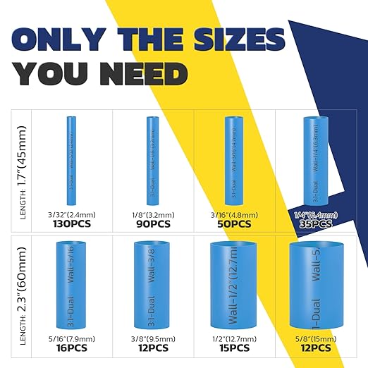 haisstronica 360PCS Heat Shrink Tubing,3:1 Ratio Adhesive Lined Marine Heat Shrink Tube Kit 8 Sizes(3/32"-5/8") Blue