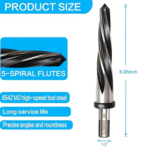 7/8” Bridge Construction Reamer Drill Bit, M2 HSS Taper Chucking Reamer for Steel Alloy Metal Wood Plastic, 1/2" Non-Slip Shank, 5-Spiral Flutes Car Reamer, to Align or Enlarge Holes, 22mm