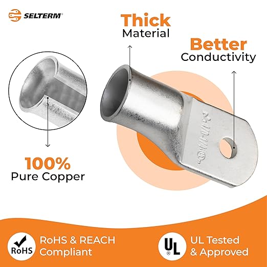 SELTERM 25pcs 4/0 AWG 1/4" Stud Marine Grade Tinned Copper Battery Cable Lugs, 0000 Gauge Ring Terminals, UL Wire Lugs Electrical Battery Cable Ends, Tinned Copper Lugs Battery Terminal Connectors