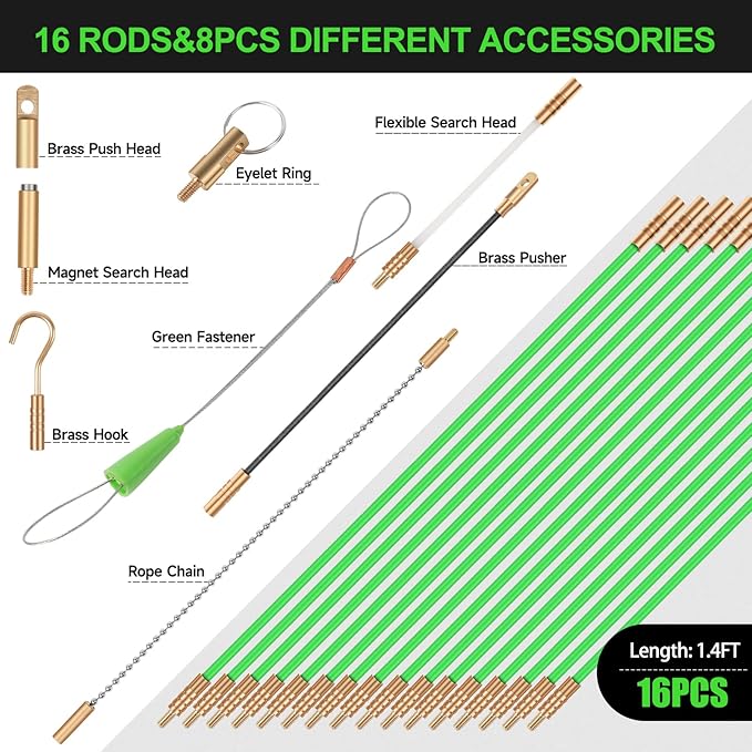 22FT Fiberglass Running Electrical Wire Cable Glow Rods Wire Pulling, Fish Rods Electrical Kit with 8 Different Attachments and Fish Tape Wire Puller Kit