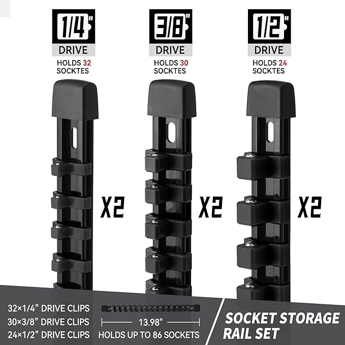 Socket Organizer Drive ABS Tools - Black Socket Holder, Premium Quality 6 Pieces Socket Holders Kit 1/4-Inch x 32 Clips, 3/8-Inch x 30 Clips, 1/2-Inch x 24 Clips（6PC,Black)