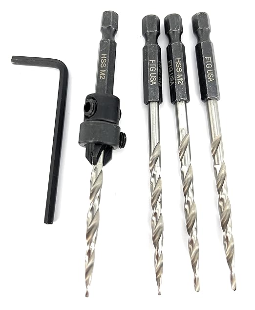 FTG USA Adjustable Wood Countersink Drill Bit #8 (11/64") with 3 Tapered Drill Bits for Woodworking