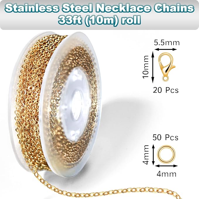33ft Gold Chain for Jewelry Making Non-Tarnish 18K Gold Plated Stainless Steel - Image 2