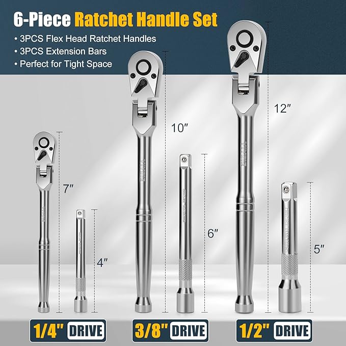 6-Piece Flex Head Ratchet Set, 1/4", 3/8", 1/2" Drive, Swivel Head Ratchet Wrench with Extension Bar, 72 Tooth, 180° Adjustable, Quick-Release, Flexible Ratchet Handle with EVA Foam
