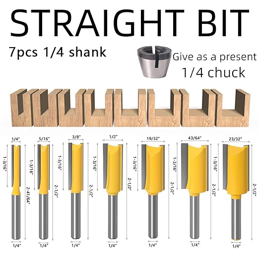 7pcs Straight Router BIT 1/4" Shank Tungsten Carbide Double Straight Dado Router Bit Set, 1/4,5/16,/3/8,1/2,19/32,43/64,23/32 Cutting Diameter Trimming Cutter for Woodworking