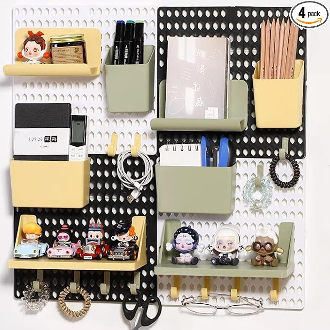 Pegboard Wall Organizer Combination Kit, Wall Organizer with 4 Pegboards and 20 Accessories Hanging, Wall Mounted Peg Board Display Panels for Home and Office - 19.5” x 9.5” (White and Black)