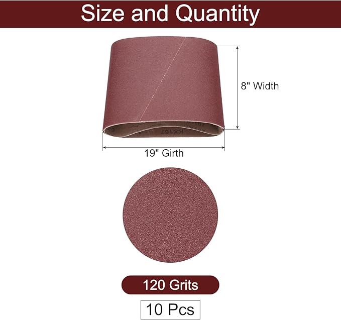 uxcell 10pcs 8" x 19" Sanding Belts 120 Grits Aluminum Oxide Abrasive Belt Sander Paper Sanding Papers for Metal Wood Grinding Polishing, Reddish Brown