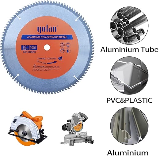 Yolan 10-Inch 100T Carbide Tooth TCG for Aluminum Saw Blade with 5/8-Inch Arbor, Table Saw Accessories