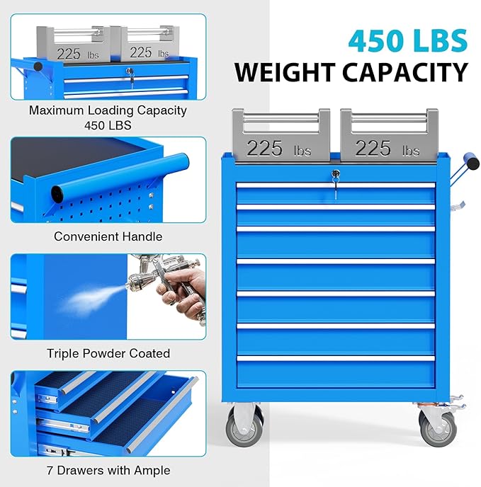 7 Drawers Metal Rolling Tool Chest, Portable Storage Tool Box with Wheels, Toolbox on Wheels for Warehouse, Garage, Repair Shop and Tool Room