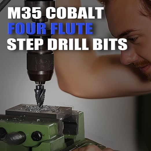 Four Spiral Flute Cobalt Step Drill Bit, 1/4"-1-1/8" M35 Cobalt Step Drill Bit Wear-Resistant AlTiN Coated, 1/4" Hex Shank for Hole Drilling in Stainless Steel, Copper, Aluminum, Wood, Plastic