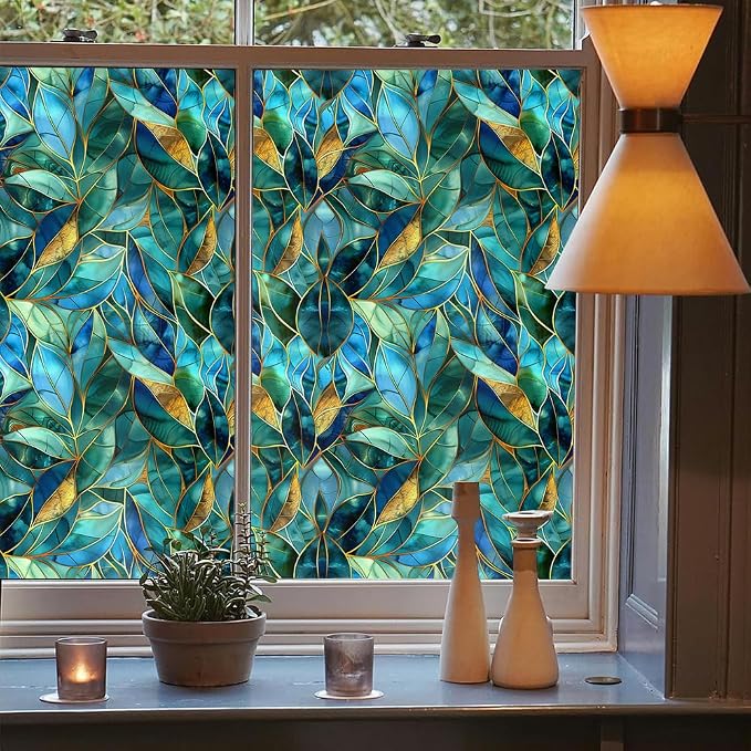 REDAMANCY Golden Blue Green Leaf Modern Stained Glass Window Films Decorative - Image 3