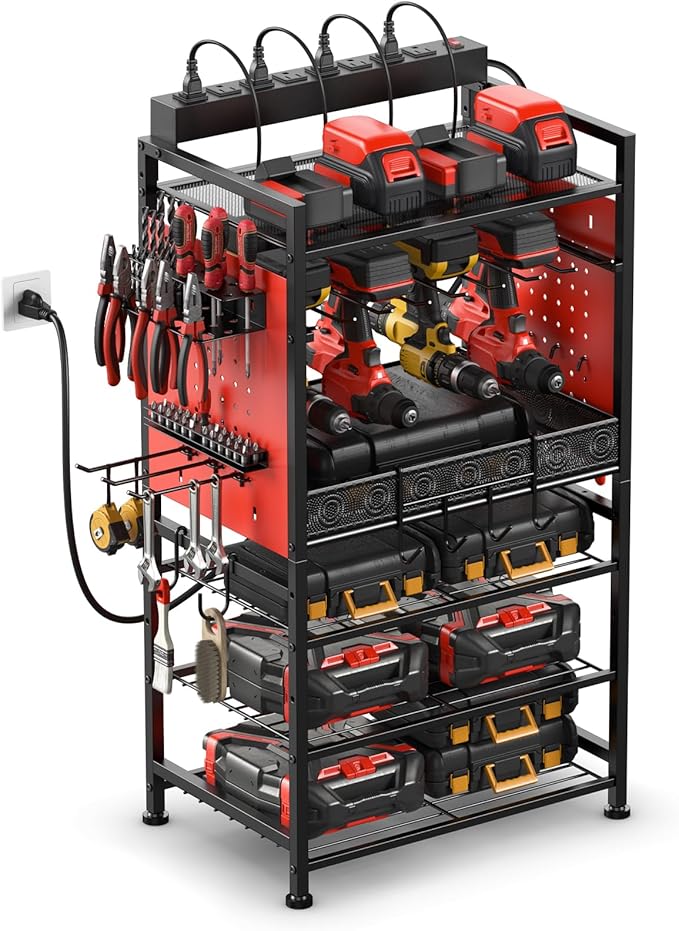 JUNNUJ Power Tool Organizer Floor Stand with Charging Station, Garage Adjustable Storage Rack Utility Tool Shelf with 8 Outlet Power Strip, Heavy Duty Drill and Battery Holder, Red