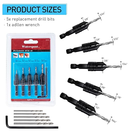 Countersink Drill Bit Set 5 pc,3in1 Woodworking Counterbore Hole Drill Bits,Tapered Countersink Bit,Depth Adjustable M2 Pilot Drill Bits, 82-Degree Chamfer, 1/4”Hex Shank