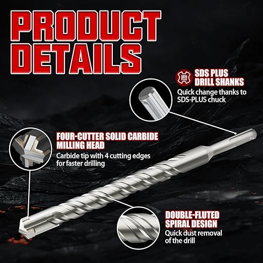 CSOOM SDS Plus Rotary Hammer Drill Bit 7/8"x10.24", Professional Concrete Drill Bit for Concrete, Brick, Stone and Cement Walls