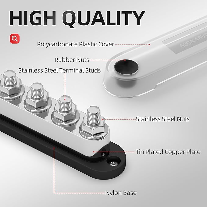 DAIERTEK 600A Power Distribution Block 12V Bus Bar Terminal Block 6 x 3/8" Terminal Studs 12 Volt Marine Bus Bar with Cover Positive & Negative for Automotive Car Boat Solar System