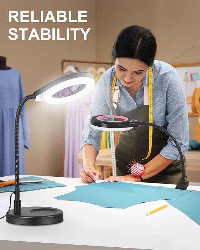 Flexible Gooseneck 2-in-1 Magnifying Glass with Light and Stand,10x & 5x Real Glass Lens Magnifying Lamp, 5 Color Stepless Hands-Free LED Desk Lamp with Clamp for Painting, Crafts, Reading (Pink)