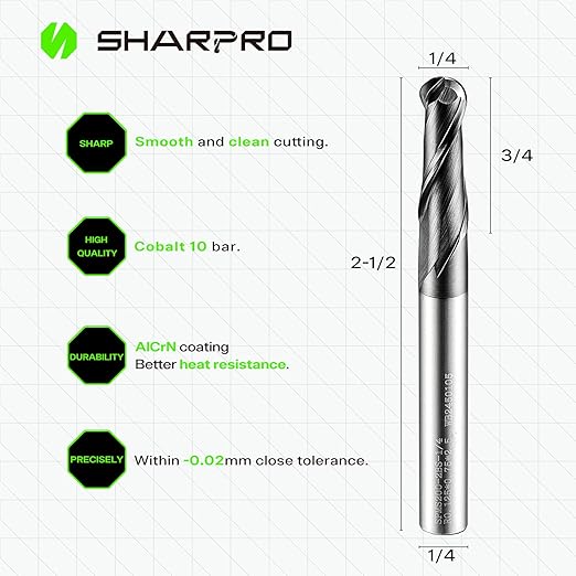 Carbide Ball Nose End Mill 2 Flute 1/4 Inch SHK. and Cutting Dia. 3D Carving, High-Speed and Deep Cutting, AlCrN Coated, Apply for Alloy Steel, Stainless Steel and Various Cast Iron.