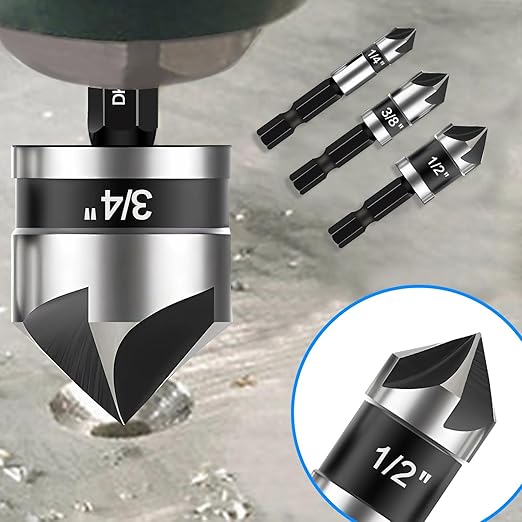 5 Pcs Countersink Drill Bit Set, Industrial Grade M2 High-Speed Steel, 82 Degree, 5 Flute with 1/4” Quick Change Hex Shank, 1/4" to 3/4" Size for Metal, Wood & Plastic - Includes Durable Case
