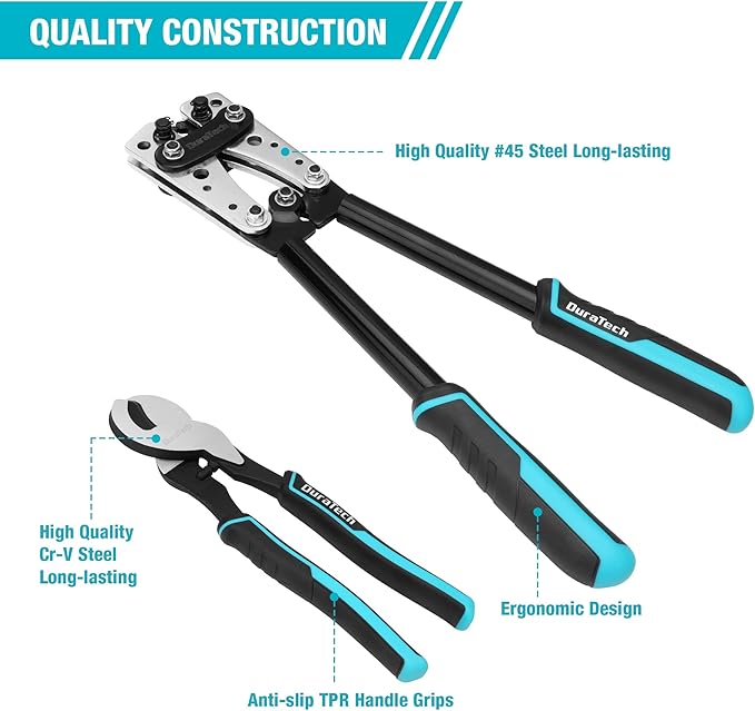 DURATECH Battery Cable Lug Crimping Tool with Wire Cutter-Wire Crimper Tools-AWG 10 8 6 4 2 1/0-Battery Terminal Crimper for Heavy Duty Wire Lugs, Copper Lugs