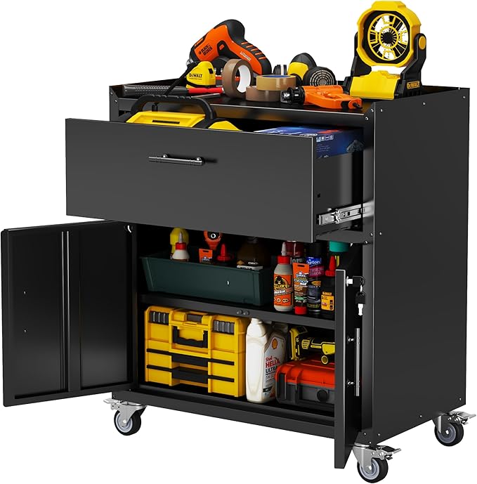 Metal Storage Cabinet, Locking Storage Cabinet with Drawer and Adjustable Shelf, Rolling Tool Cabinets for Garage, Office, Black, Assembly Required (18.4" D x 30.3" W x 35.4" H)