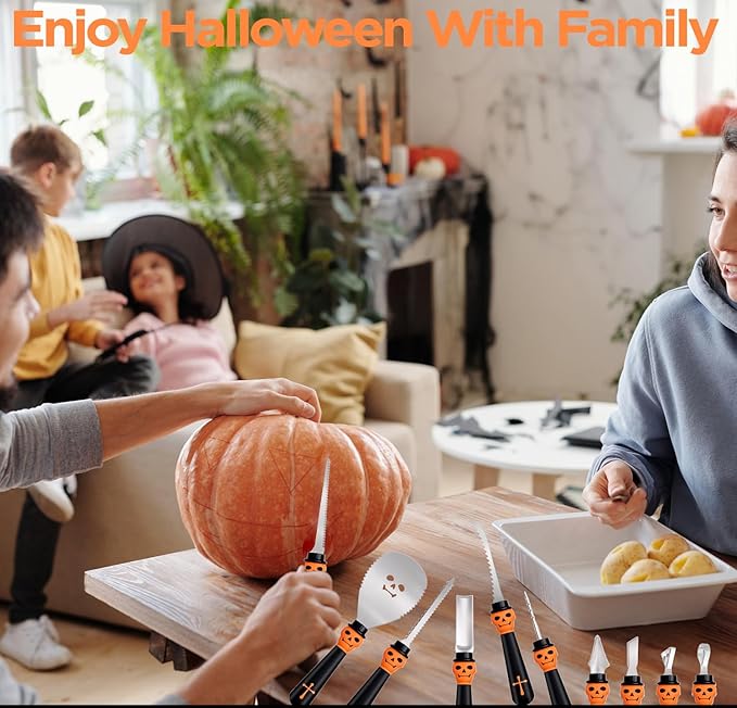 21 Pieces Comfort Grip Pumpkin Carving Kit with Gift Box and Carrying Case Heavy Duty Stainless Steel Pumpkin Carver Tools Pumpkin Sculpting Set and 10 Stencils for Halloween Jack-O-Lanterns (BLACK)