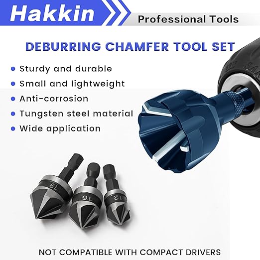 Hakkin 5Pcs Burr Removal Tool, Deburring External Chamfer Tool with Tungsten Carbide Blade, Hex Shank Deburring Tool for Metal, Bolt Thread Repair with Quick Release Shank Fits 1/8”-3/4”(3mm-20mm)