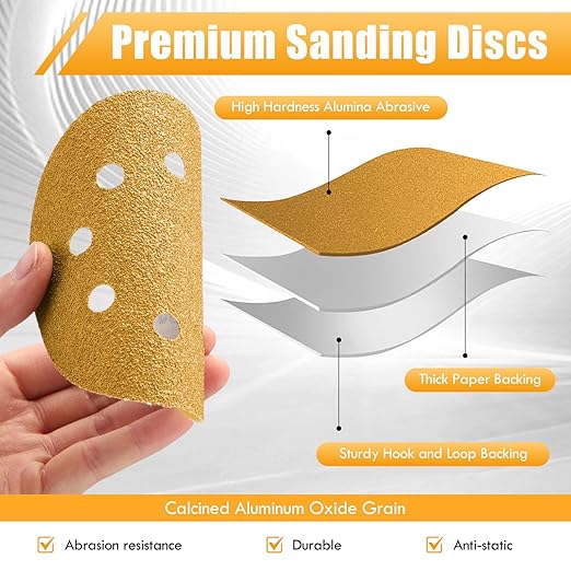 Maxdot 200 Pcs 5 Inch Sanding Discs 8-Hole Hook and Loop Gold Sandpaper, 80-Grit for Random Orbit Sander