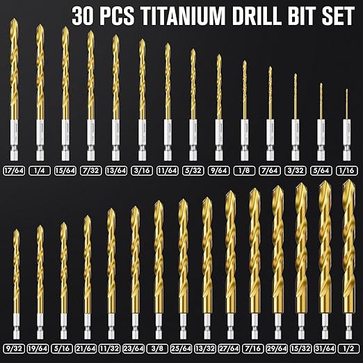 Hex Shank Drill Bit Set, 30Pcs HSS Titanium Twist Drill Bit for Sheet Metal, Wood, Plastic, Quick Change Design (1/16" - 1/2")