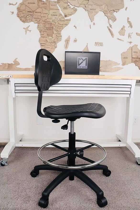 Chair Master (Tall Bench Stool, Self Braking Casters Easy to Clean! Ergonomic Polyurethane Drafting Stool. Seat Height Range 23"-33". Home Office Lab Workstation.