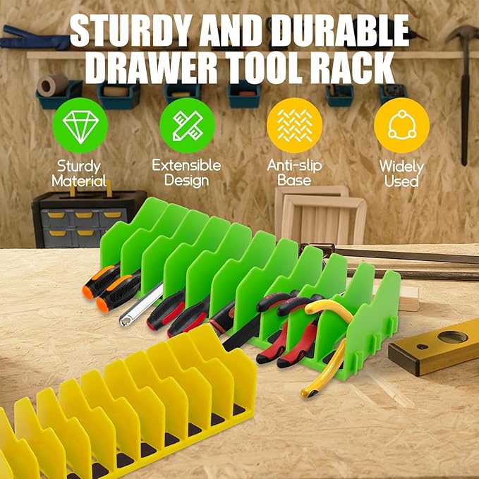 4 Pack Plier Organizer Rack, Pliers Organizer for Tools Cutters with Extendable Design & Non-Slip Rubber Base, 40 Slots Tool Box Drawer for Pliers, Wrenches, Screwdrivers,Green&Yellow