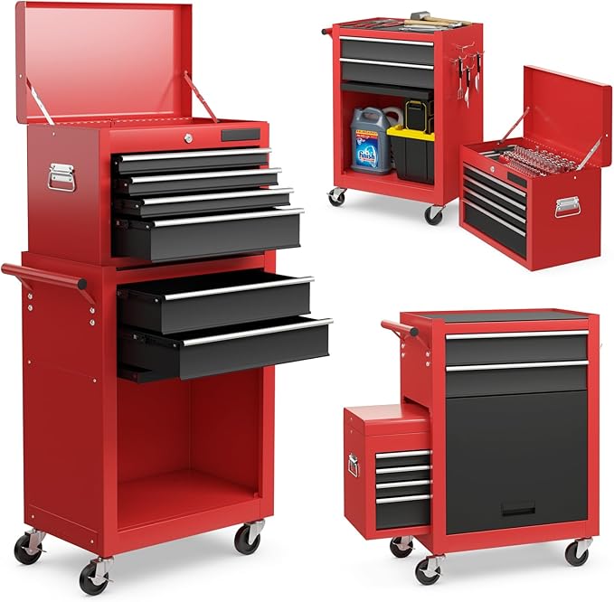 S AFSTAR 6-Drawer Rolling Tool Chest, High Capacity Tool Storage Cabinet with 4 Hooks, Locking System and Universal Wheels, 2-in-1 Detachable Large Toolbox for Garage Workshop (Black & Red)