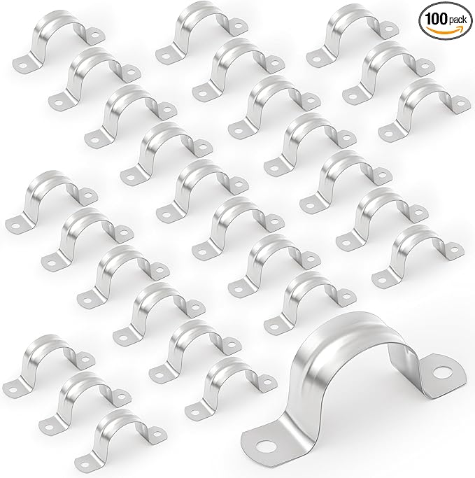 100 Pcs 1 Inch Pipe Strap Stainless Steel Conduit Clamp Reinforced Rigid 2 Hole U Bracket for Pipe Fixing on Various Surfaces