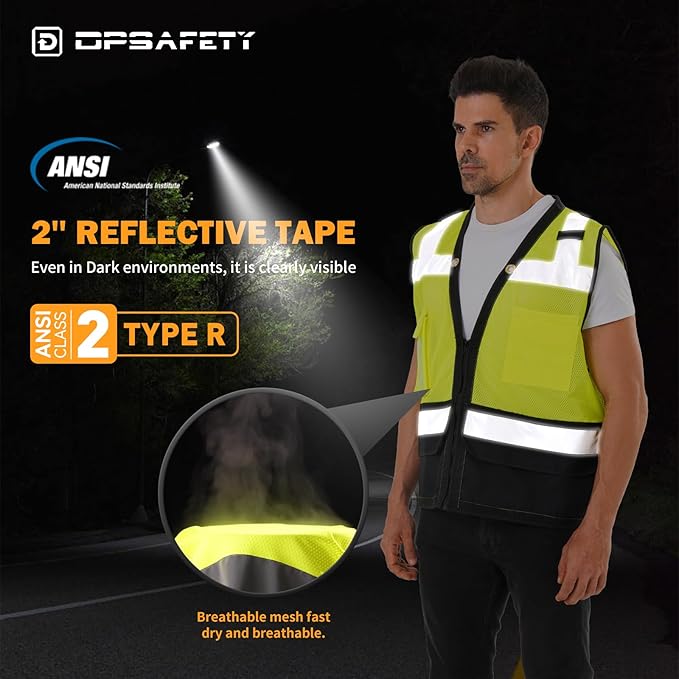 Reflective Safety vest With back plan pocket,High visibility Class 2 Heavy Duty Surveyor Vest with Zipper,Hi Vis Construction Work Vest for Men＆Women ANSI/ISEA(Yellow-Bottom,3XL)