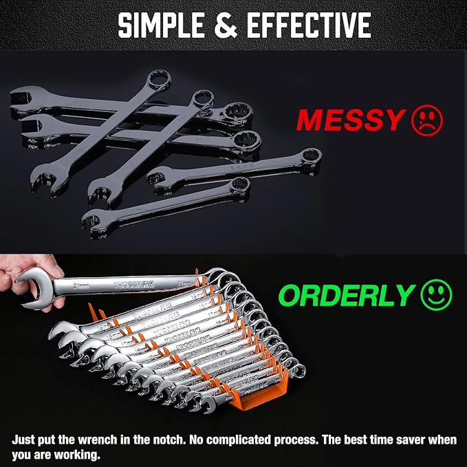 ALOANES 104-Slot Metal Wrench Organizer, Heavy Duty Wrench Organizer Tray for Tool Box, Fit SAE & Metric Wrench Storage, 8 Pack Wrench Holders(Orange)