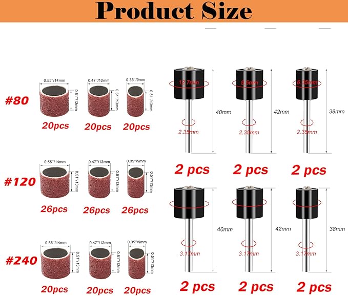 Sanding Drum Set for for Dremel Rotary Tools-Includes 138 Aluminum Oxide Sanding Sleeves for Drum Sanders (80,120,240 Grit) and 12 Drum Mandrels-Sanding Bits Tool Accessories with Box
