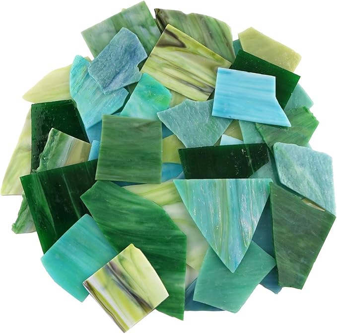 Lanyani Green Mixed Stained Glass Scrap Pieces Sheets, Glass Mosaic Tiles by LanyaniArtGlassMosaics
