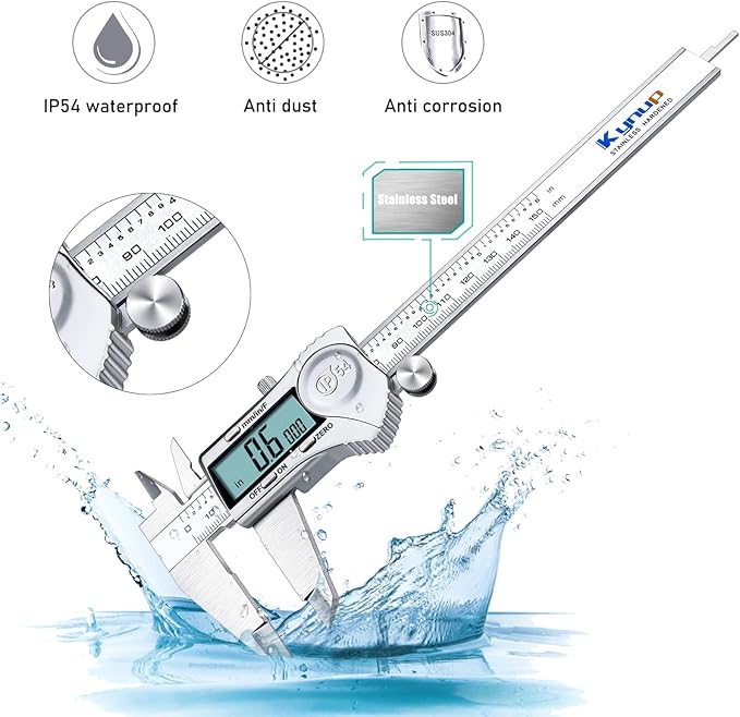 Kynup Digital Caliper, Measuring Tool, Digital Micrometer Caliper with Stainless Steel, IP54 Splash Proof Protection Design, Inch Metric Fraction Conversion, Large LCD Screen (6Inch/150mm)