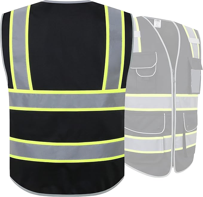 JKSafety 9 Pockets Hi-Vis Black Color Zipper Front Safety Vest Fluorescent Yellow Strips outlining the Reflective Tapes ANSI/ISEA Class 1 (901-Black, 3X-Large)