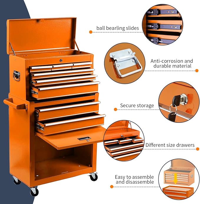 8-Drawer High Capacity Rolling Tool Chest - Big Storage Removable Tool Box w/ Lockable Drawers for Workshop & Garage (Orange)
