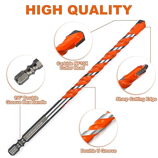 12-PCS Concrete Drill Bit Set, 5/32"-1/2" Inch Carbide Hex Shank Masonry Drill Bits Set for Glass/Brick/Plastic/Cement/Tile