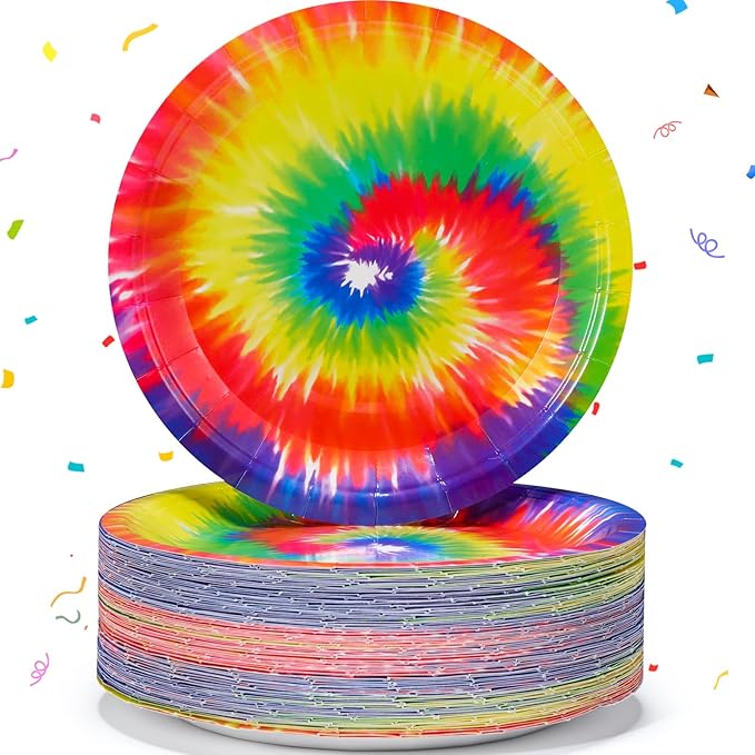 Domensi 100 Pack Tie Dye Paper Plates 7 Inch Rainbow Disposable Dessert Plates by Domensi