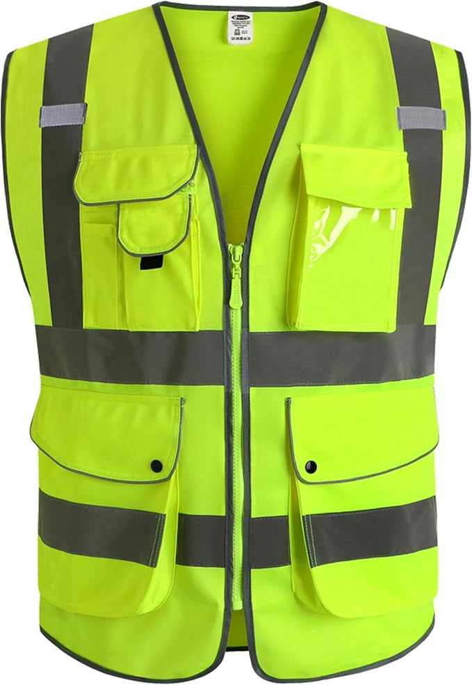 JKSafety 9 Pockets Class 2 High Visibility Zipper Front Safety Vest With Reflective Strips,Meets ANSI/ISEA Standard (Small, 150-Yellow)