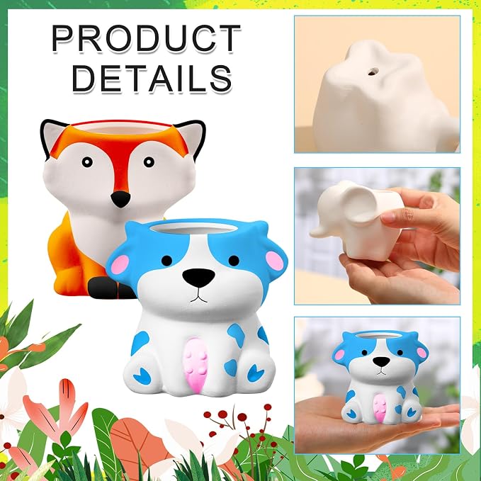 Hushee 12 Sets DIY Ceramic Succulent Pots Ready to Paint Animal Planters - Image 7