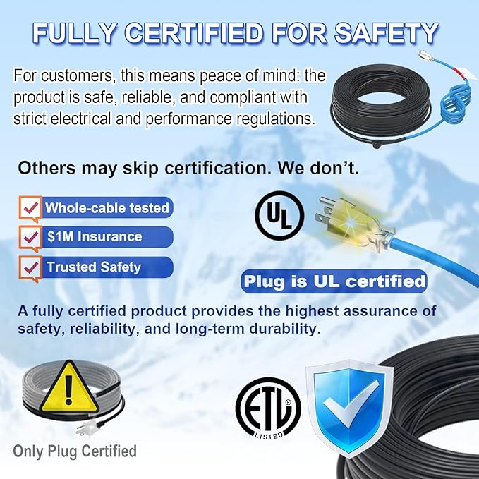 120V 15FT Self-Regulating Pre-assembled Water Pipe Heat Cable for Pipe Freeze Protection, Energy-Saving Pipe Heating Cable Keeps Water Flowing at -40°F