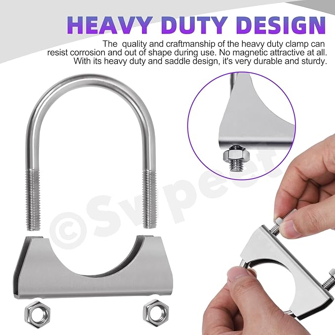 Swpeet 2Pcs 2.5 Inches Exhaust U Clamp Kit, 2-1/2 Inches Stainless Steel Muffler U-Bolt Clamps, Universal Heavy Duty U-Bolt Muffler Clamp Ideal for Tip Pipes Connection